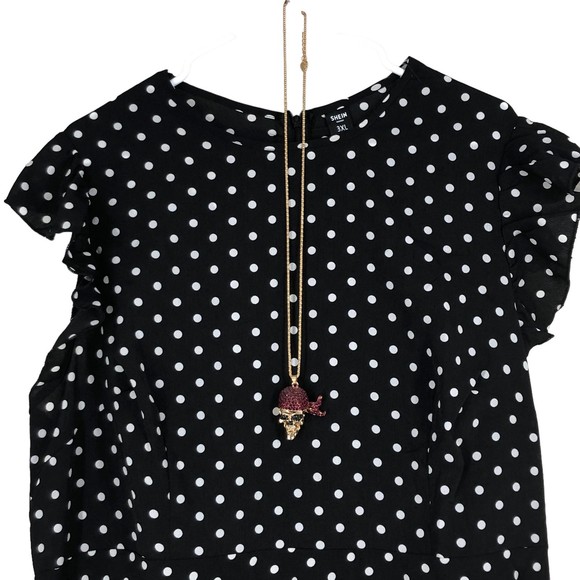 SHEIN Black & White Polkadot Dress w/Ruffled Cap Sleeves, Rockabilly Plus SZ 3X - Picture 3 of 7